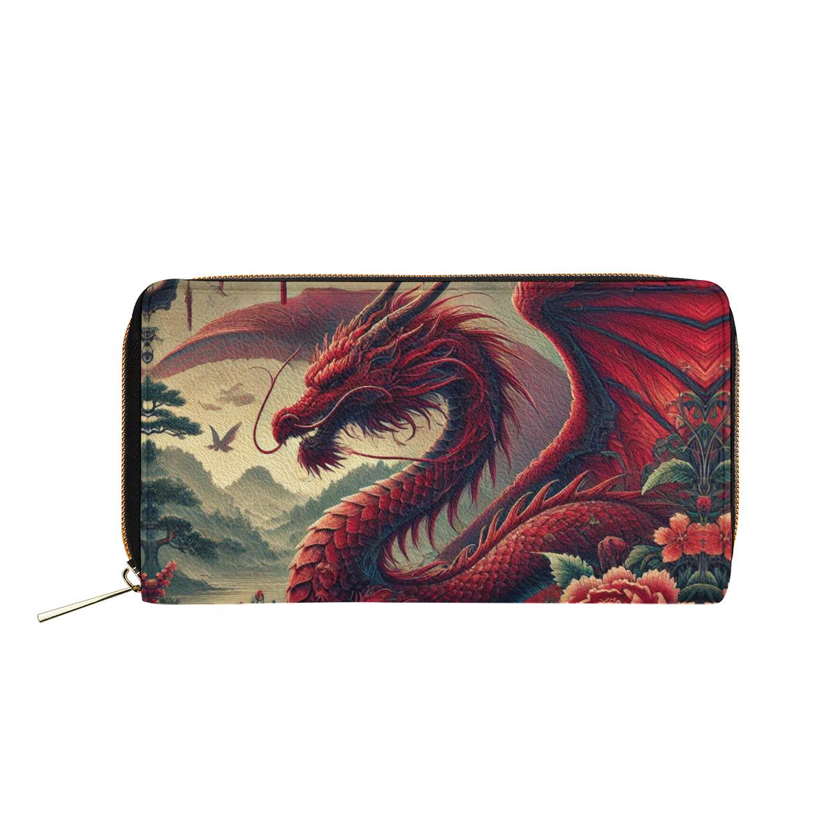 Red Dragon Wallet - Fantasy Landscape Zip-Around PU Leather Clutch