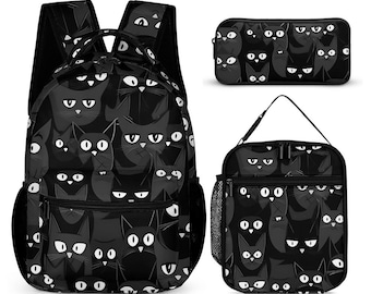 黒猫のリュックとランチバッグセット | 日本のアートスタイルの猫の