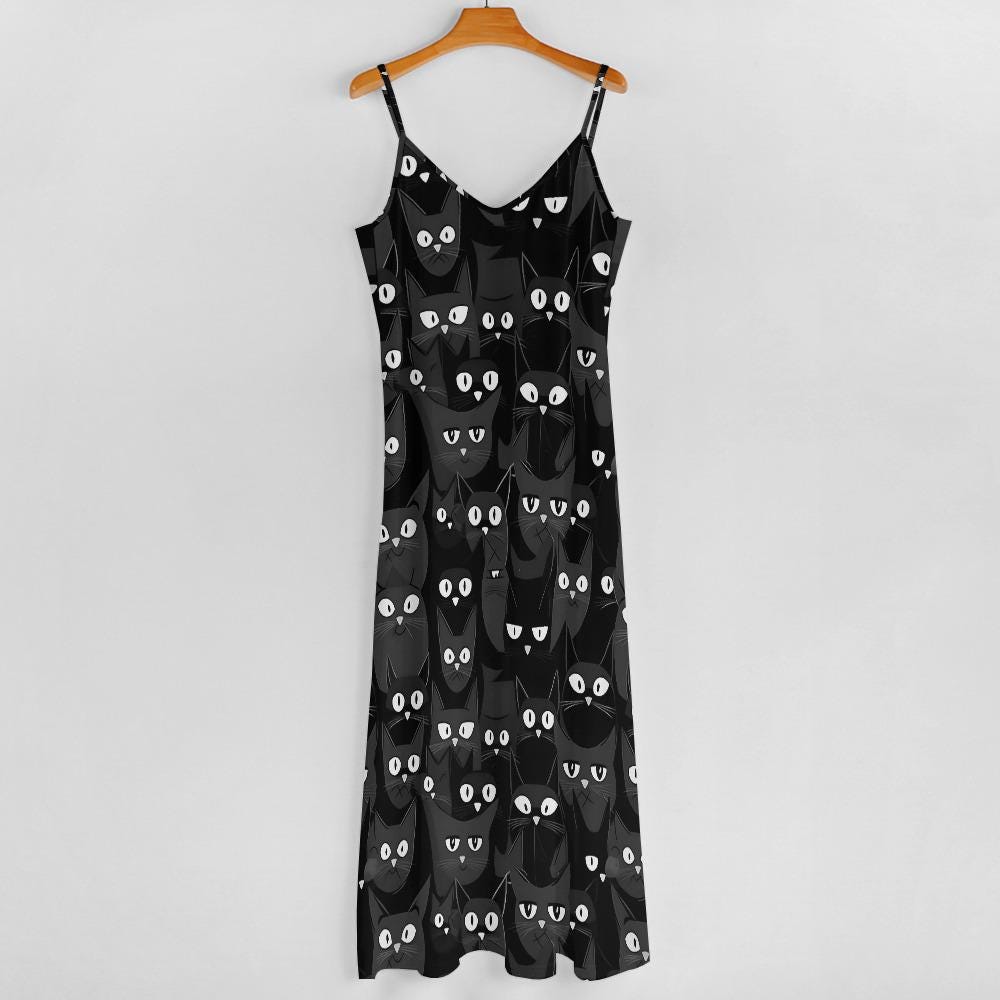 Black Cat Print Maxi Dress: Halloween Spaghetti Strap A-Line Dress Black Cat Print Maxi Dress: Halloween Spaghetti Strap A-Line Dress