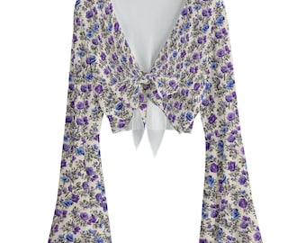 Camicetta a rete floreale viola, top con maniche a campana e lacci sul davanti, crop boho trasparente con lacci, camicia da festival hippie, elegante copricostume in rete Fairycore