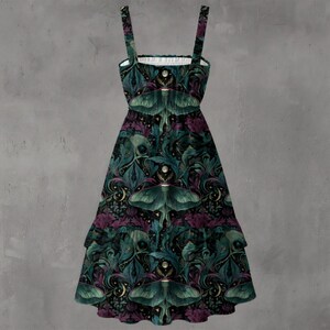 Moth Botanical Ruffle Hem Dress – Sleeveless Witchy Midi image 2