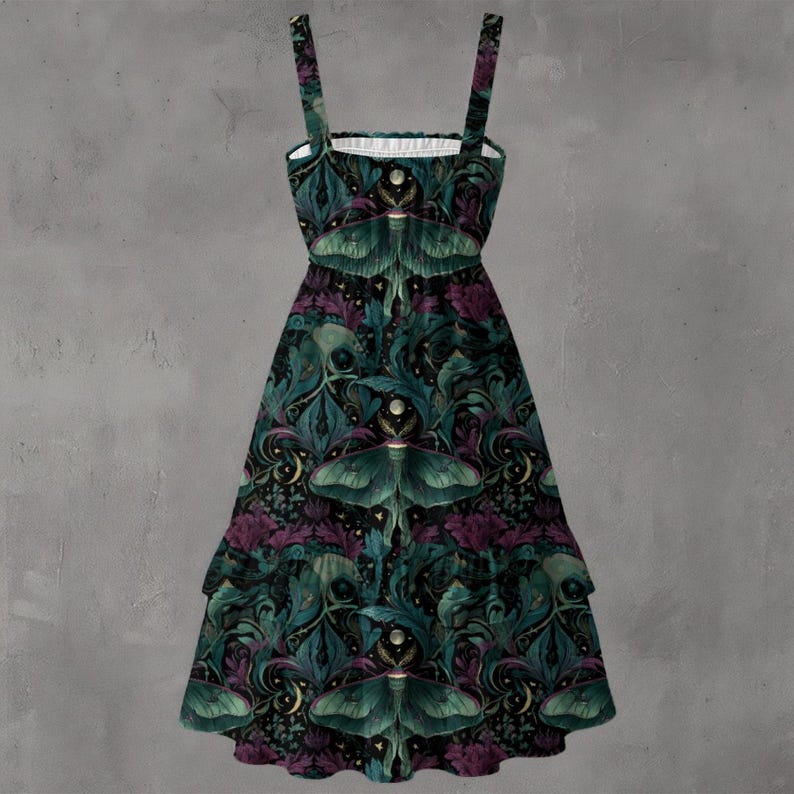 Moth Botanical Ruffle Hem Dress – Sleeveless Witchy Midi image 2