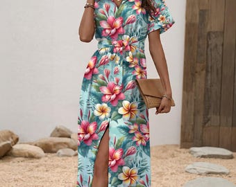 Blue Hawaii Shirt Dress: Tropical Aloha Summer Dress with Waist Tie