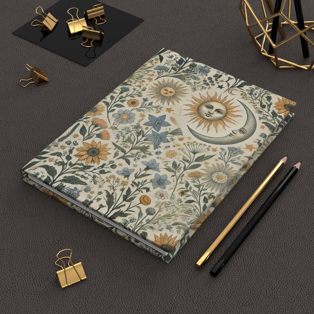 Vintage Sun Moon Floral Hardcover Journal | Celestial Botanical ...
