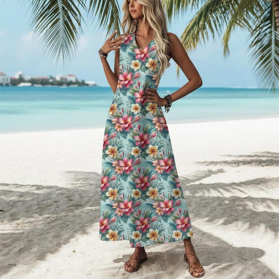 tropical long dress Jules Sleeveless Halter Open Back Print Maxi Green SMALL a flowing chiffon wrap designed for destination events and special occasions Tropical Dream Maxi Dress -