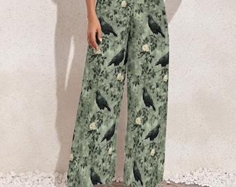 Gothic Raven & Ivory Rose Wide Leg Pants: Witchcore Trousers