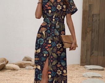 Vestido camisero con estampado de setas estilo cottagecore: cinturón estilo witchcore de bosque