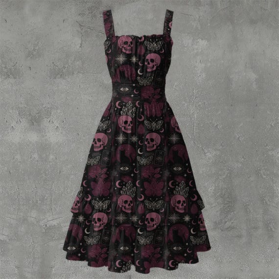 boho skull dress Gothic Skull Moth Ruffle Dress, Witchy Summer Sleeveless Sundress