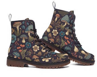 Mushroom Print Martin Boots: Cottagecore PU Leather Ankle Boots