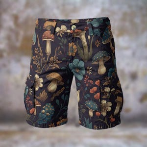 Forest Mushroom Men&#39;s Cargo Shorts | Woodland Print Outdoor Shorts | Boho Nature Core Clothing | Functional Pocket Shorts | Cottagecore