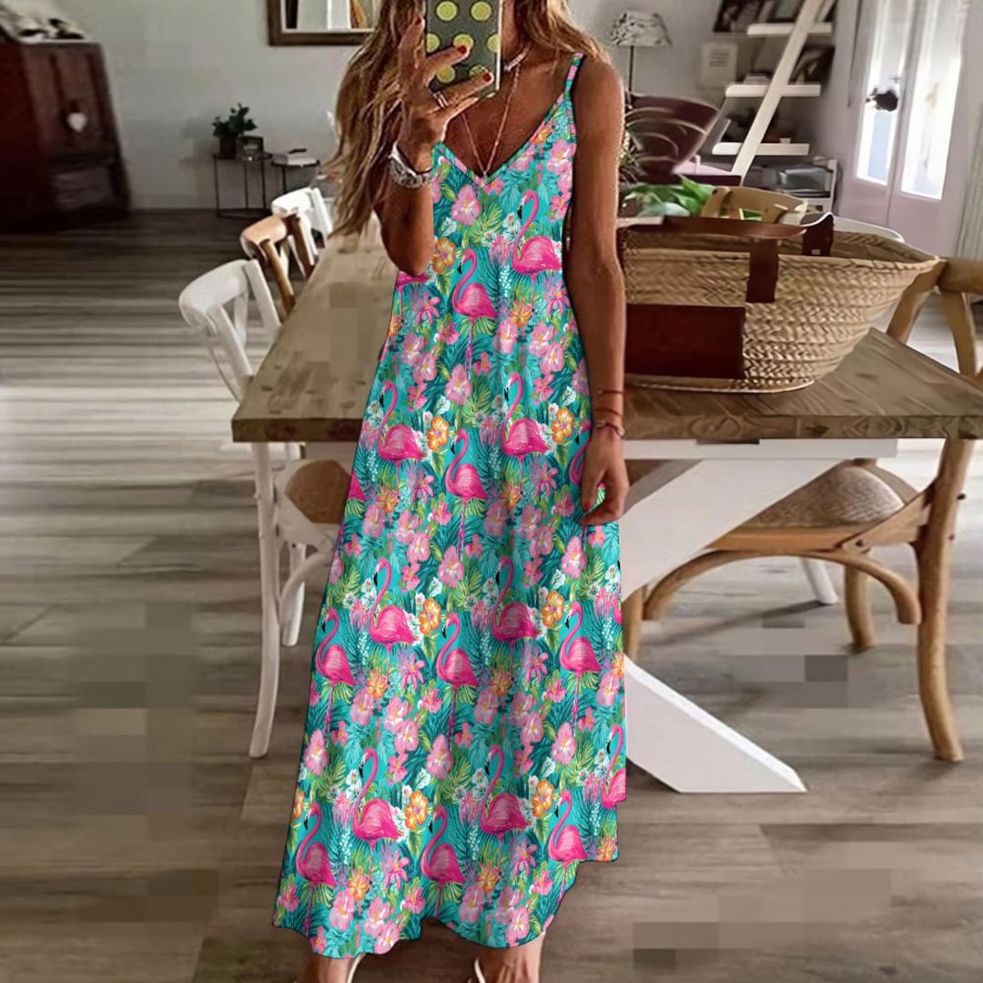 beach flamingo dress Boho Maxi Tie Dye Dress for Women / Open Back Bohemian Summer Resort Outfit in Red