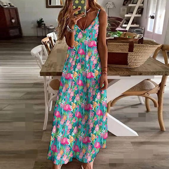 Flamingo Maxi Dress: Tropical Sleeveless Sling Dress - Resort Wear