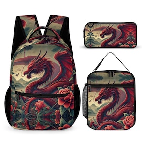 May include: A three-piece school set featuring a backpack, lunch bag, and pencil case. All three pieces feature a colourful design of a red dragon with floral accents against a background of a Japanese-inspired landscape.