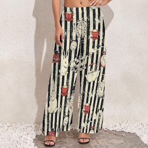 Pantalones anchos de fiesta de té de conejo blanco: poliéster de cintura alta