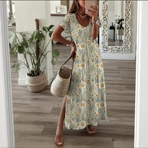 Navy Toile Maxi Dress: French Cottagecore V-Neck Summer Dress