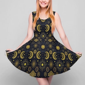 Celestial Sun and Moon Skater Dress, Round Neck Sleeveless Big Hem Dress, Witchy Cosmic Print Fit and Flare Dress