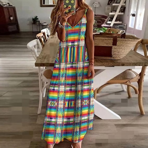 Rainbow Plaid Sling Maxi Dress: Boho Festival Sundress UK - Main Image