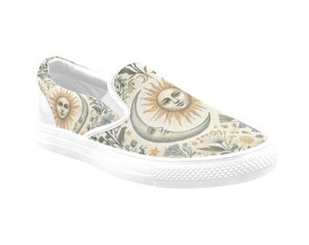 Celestial Sun and Moon Slip On Canvas Shoes, Celestial Vintage Floral Slip On Sneakers