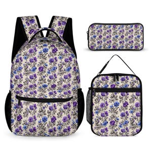 Purple Blue Floral Backpack Set: 3-Piece School Bag with Lunch Bag & Pencil Case