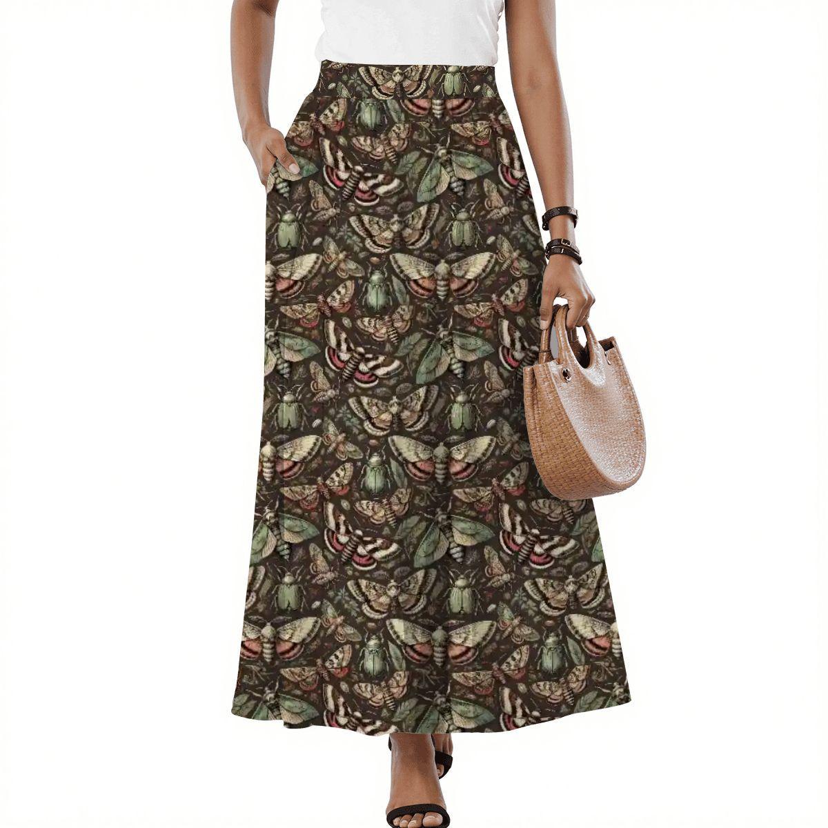 Gothic Bugs and Moths Midi Skirt: Witchcore Pleated Skirt With