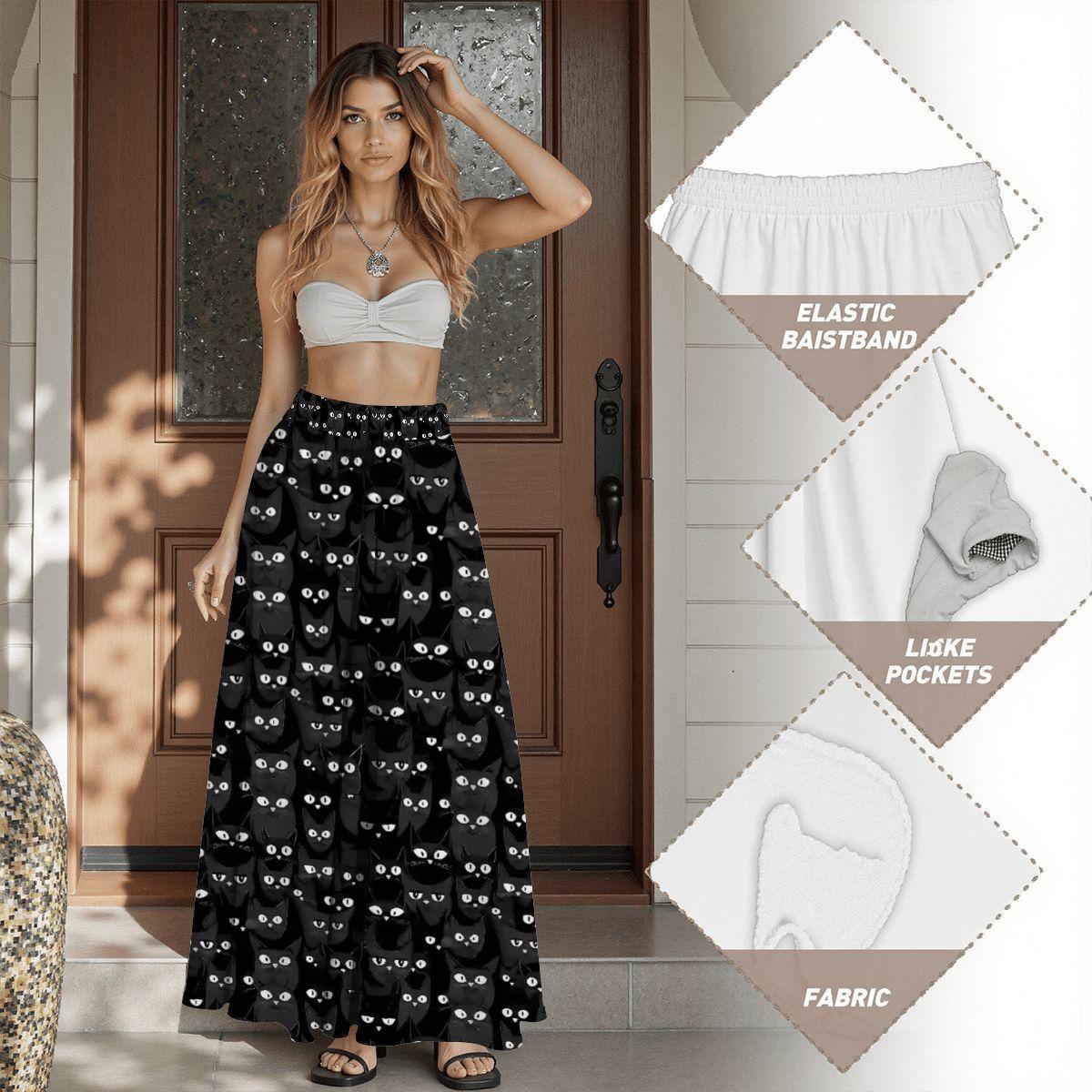 Black Cats Midi Skirt: High Waist Pleated A-line, Gothic Halloween
