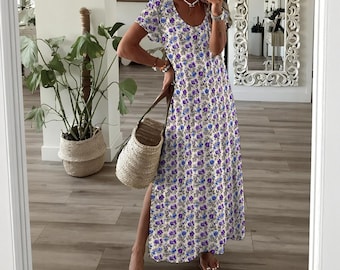 Gebloemde maxi-jurk: zomeroutfit dames V-hals polyester