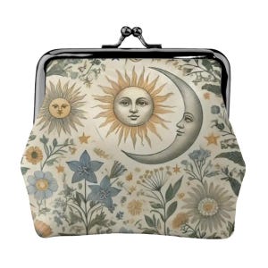 Boho Sun Moon Y2K Leather Kiss Lock Coin Purse | Vintage Aesthetic Mini Wallet | Soft PU Clutch for Women