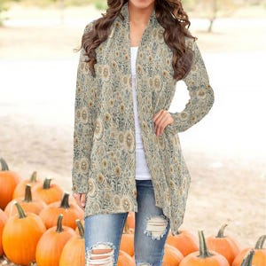 Boho Sun and Moon Cardigan | Women&#39;s Long Sleeve Shawl Collar Cardigan | Boho Witchcore Open Front Wrap | Celestial Layering Duster Jacket