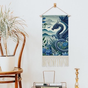 Blue Dragon Tapestry Wall Hanging: Cotton Linen Fantasy Banner 画像 3
