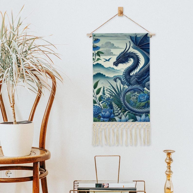 Blue Dragon Tapestry Wall Hanging: Cotton Linen Fantasy Banner 画像 3