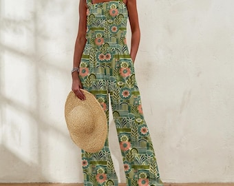 Retro 70s Floral Wide-Leg Jumpsuit: Green & Pink Boho Overalls