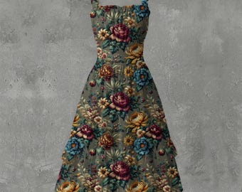 May include: A floral print dress with a scoop neckline and shoulder straps. The dress features a pattern of large, colorful flowers in shades of red, yellow, and blue on a muted green background. The dress has a fitted bodice and a flared skirt.