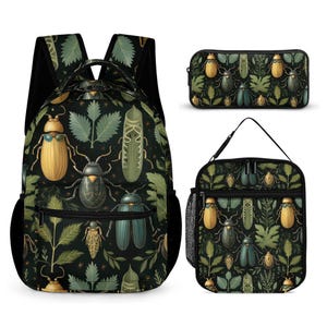 May include: A backpack, pencil case, and lunch bag set. The items feature a dark background with a repeating pattern of colorful beetles and green foliage. The backpack has black mesh side pockets and a front zipper pocket.