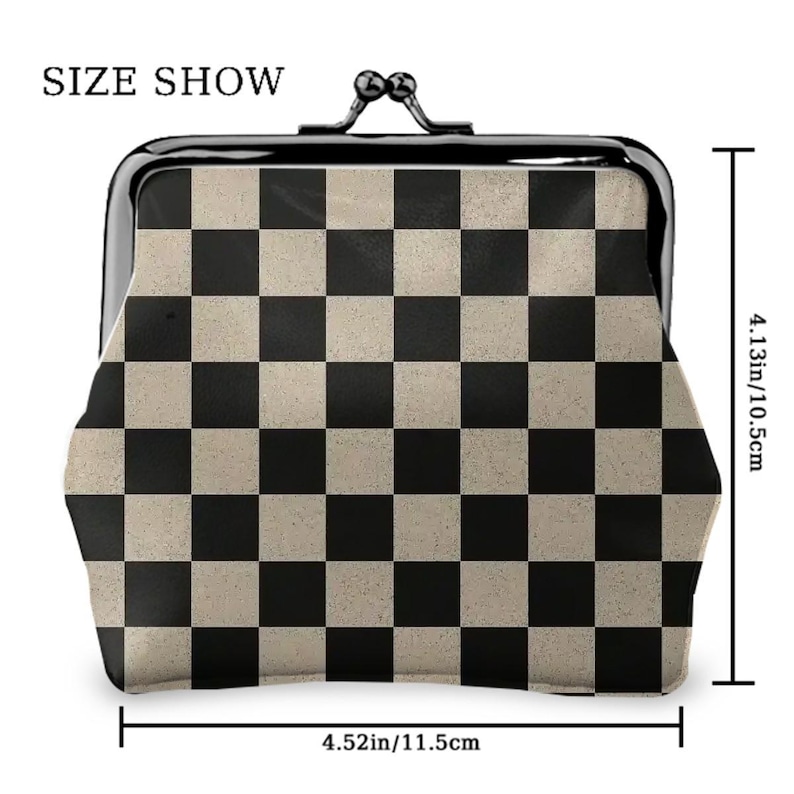 Checkered Kiss Lock Coin Purse, Retro Plaid Microfiber Leather Wallet image 5