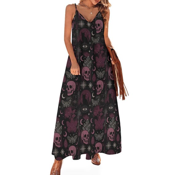 semi formal pastel color dress for wedding guest Gothic Sunflower Skull Maxi Dress with Pockets main image 0