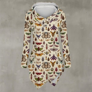 Bugs Oddities Women’s Asymmetric Hem Hoodie, Gothic Insect Print Sweatshirt, Witchy Casual Pullover with Angled Hem and Buttons