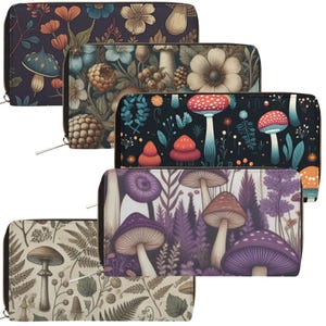 Collection de sacs à main champignons, mini sac à main Cottagecore, portefeuille à fermeture éclair en PU Witchy, pochette bohème champignons, portefeuille esthétique à imprimé champignons