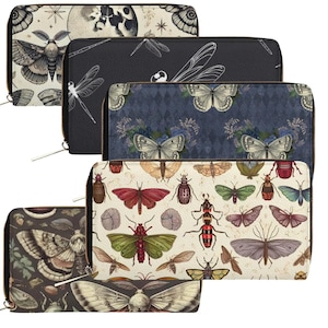 Cartera de piel sintética con estampado gótico de insectos, polillas, escarabajos y mariposas. Cartera de insectos para mujer. Monedero con cremallera o cartera de entomología.