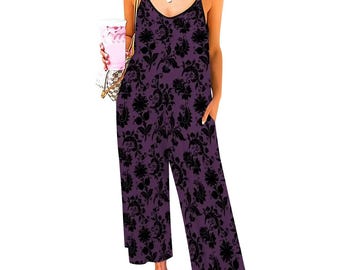 Purple Gothic Damask Jumpsuit: Sleeveless Wide-Leg Romper