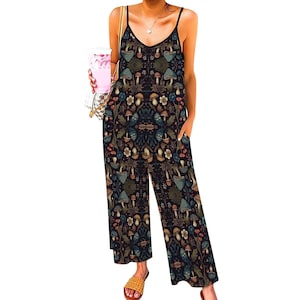 Mono de pierna ancha con estampado de setas del bosque: mono informal con tirantes finos para mujer
