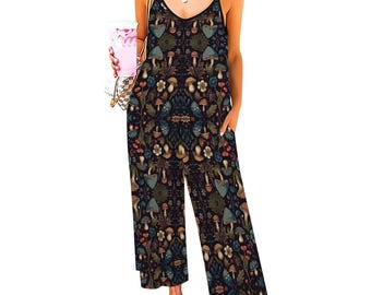 Woodland Mushroom Print Wide-Leg Jumpsuit – Spaghetti Strap Casual Romper for Women