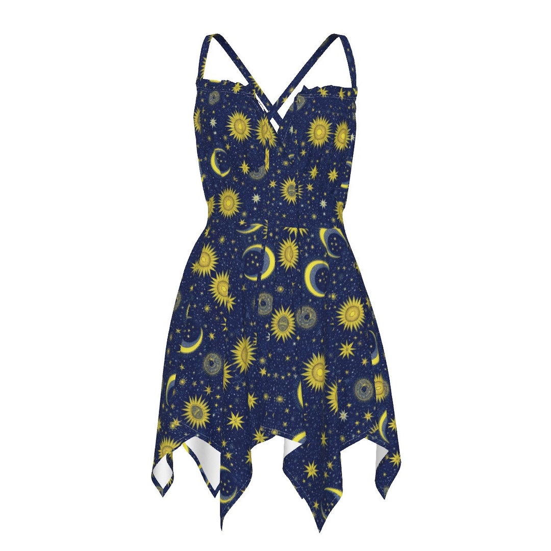 Celestial Blue Slip Dress With Sun, Moon, and Stars - Witchy, Boho ...