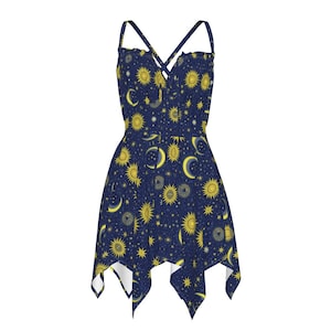 sun and moon sequin dress Handmade Cosmic Sequin Velvet Dress, Tasselled Navy Applique