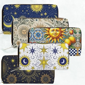 Sun and Moon Wallet collection | 80s Boho Y2K Aesthetic Zip Wallet | PU Celestial Purse | Double-Sided Print | Metal Zipper | Cosmic Style