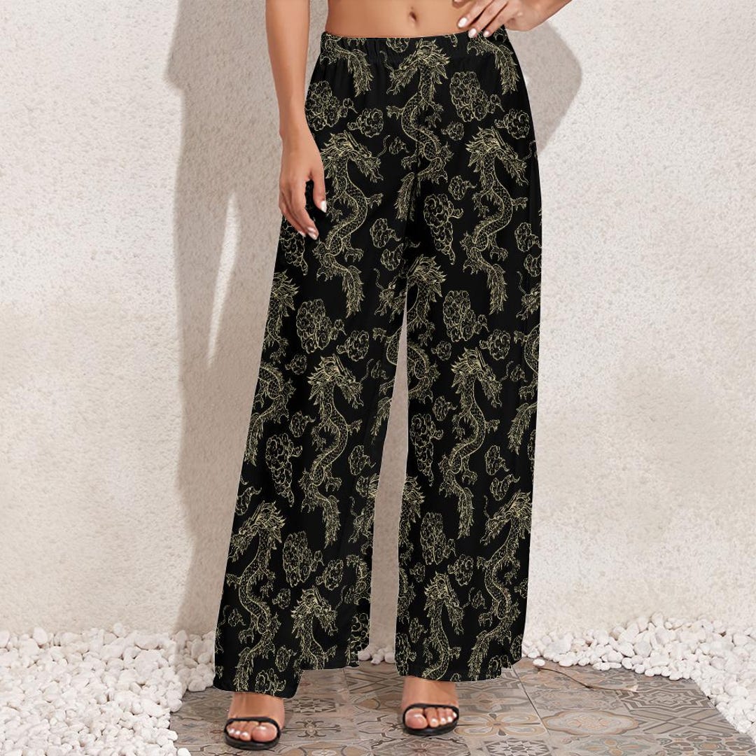 Black Japanese Dragon Wide Leg Pants | High Waist Flowing Summer