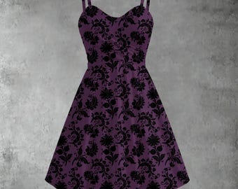 Purple Gothic Damask Dress: Sweetheart Neckline, Two-Tone Polyester