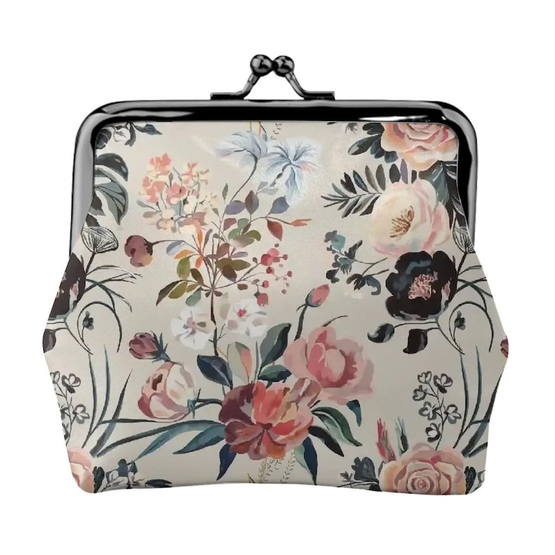 Vintage Floral Kiss Lock Coin Purse – Cottagecore Microfiber Leather Wallet image 1