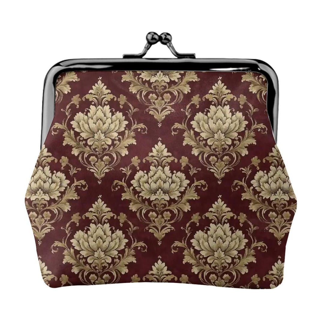 Victorian Damask Kiss Lock Coin Purse, Burgundy & Gold Brocade Wallet ...