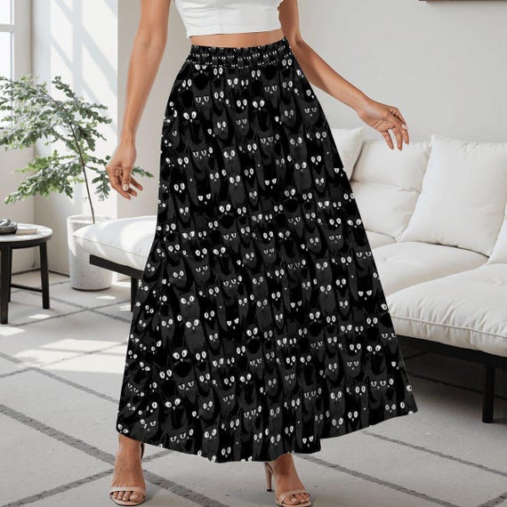 Black Cats Midi Skirt: High Waist Pleated A-line, Gothic Halloween