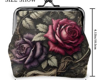 Gothic Rose Kiss Lock Coin Purse, Victorian Vegan Leather Wallet
